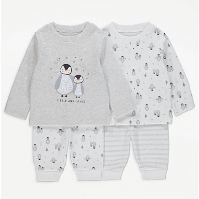Dois conjuntos de pijama para bebé com motivos de pinguins em cinzento e branco