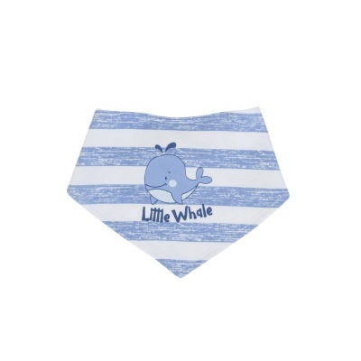 Babete triangular às riscas azuis e brancas com baleia e texto Little Whale