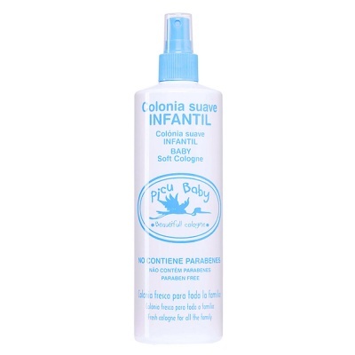 Frasco branco com tampa de spray azul de colónia suave infantil Picu Baby.