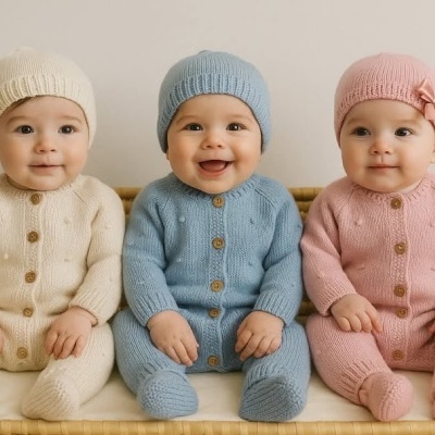 Três bebés com fatos de malha creme, azul e rosa sentados num sofá de vime.