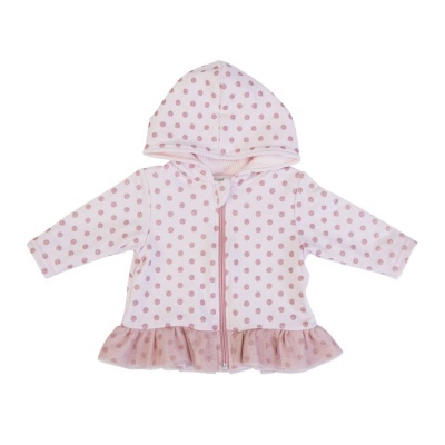 Casaco de bebé rosa claro com pequenos pontos e capuz