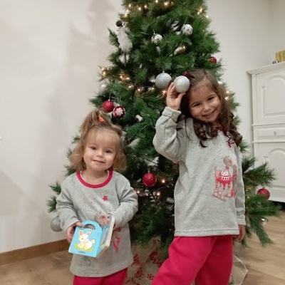 Duas crianças com pijamas vermelhos e cinzentos junto a uma árvore de Natal decorada com bolas e luzes.