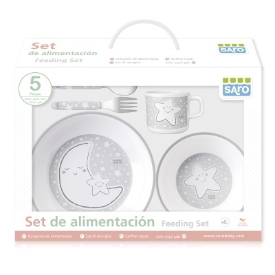 Conjunto de alimentação infantil 5 peças cinza e branco com desenho de lua e estrela