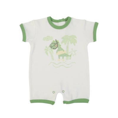 Macacão curto de bebé branco com detalhes verdes e estampa de animal com óculos de mergulho