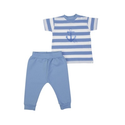 Conjunto roupa bebé t-shirt riscas brancas e azuis com âncora e calças azuis lisas