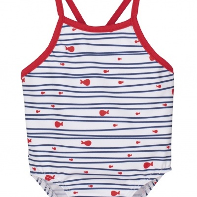 Fato de banho infantil branco com riscas azuis e peixinhos vermelhos