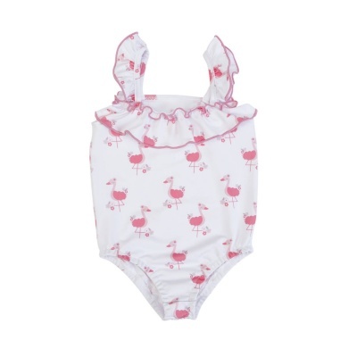 Fato de banho branco com flamingos cor-de-rosa e folhos cor-de-rosa para bebé