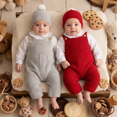 Dois bebés com roupas de malha cinzenta e vermelha deitados numa almofada bege com peluches e biscoitos à volta