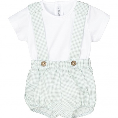 Macacão curto de criança com body branco e suspensórios padrão quadradinhos verdes