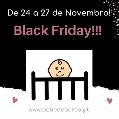 Promoção Black Friday com logotipo de bebé e texto www.bebedeberco.pt