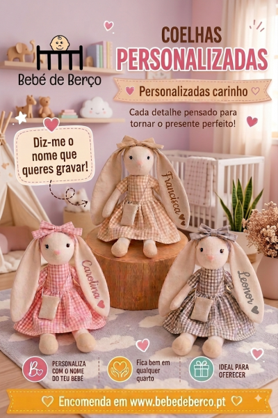 Coelhas de peluche personalizadas com nomes em quarto de bebé decorado