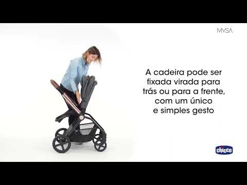 CARRINHO MYSA Carrinho de bebé preto com texto em português ao lado