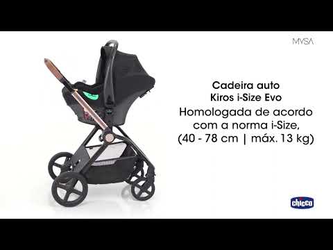 CARRINHO MYSA Cadeira auto Kiros i-Size Evo preta com estrutura castanha num carrinho e texto explicativo