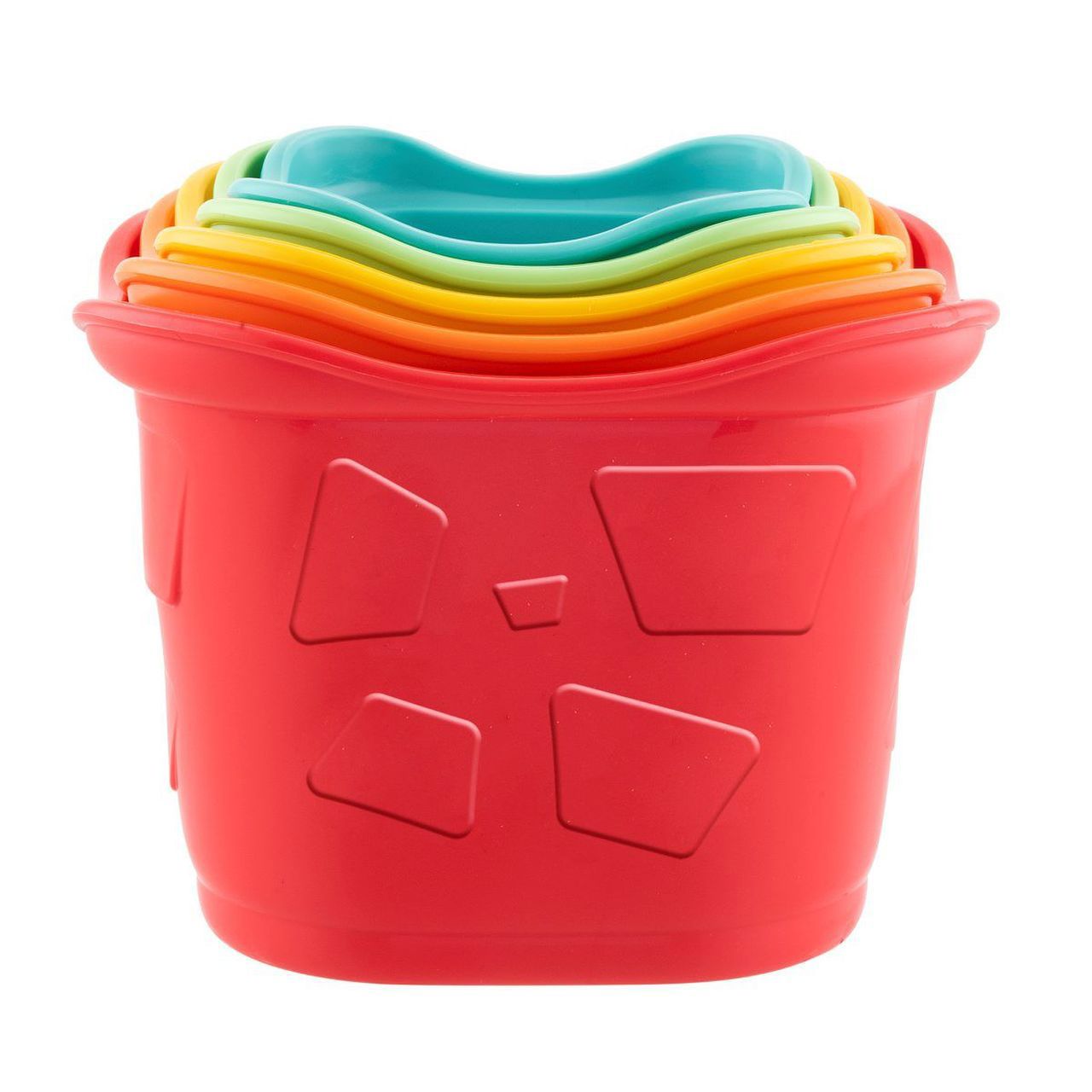 Conjunto de baldes coloridos de plástico aninhados com padrão geométrico