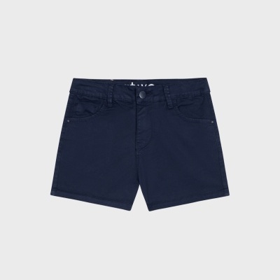 Calções azuis escuros com fecho e botão frontal