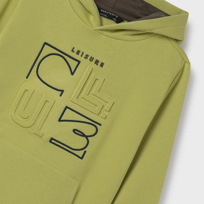 Sweatshirt com capuz verde claro com estampado 'LEISURE' e bolso canguru.