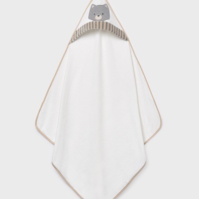 Toalha de banho branca com capuz e decoração de animal cinzento e riscas