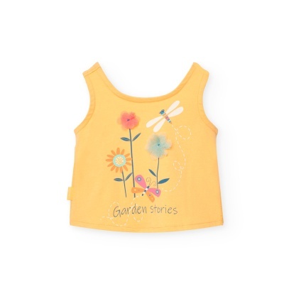 Camisola amarela para criança com estampado de flores e insetos e texto Garden stories