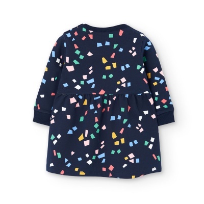 Vestido infantil azul escuro com pequenos quadrados coloridos