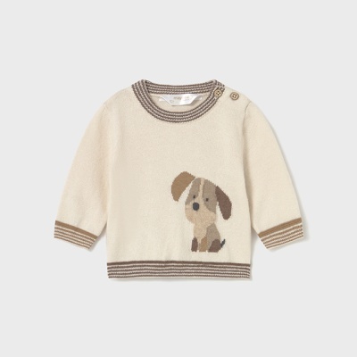 Camisola de bebé creme com cão castanho e botões no ombro