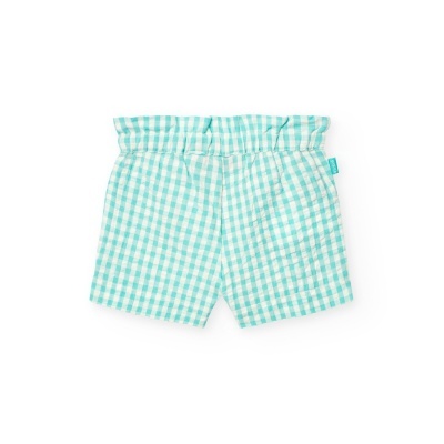 Calções de criança azul-turquesa e branco com padrão xadrez e cintura franzida
