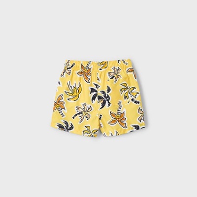 Calções de banho amarelos com padrão de folhas coloridas