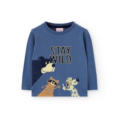 Camisola azul para criança com animais e texto STAY WILD