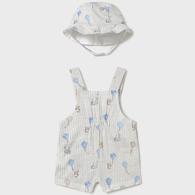 Conjunto de bebé macacão e chapéu com padrão de balões e riscas cinzentas