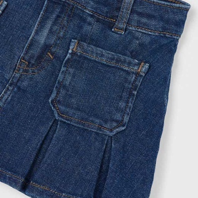 Minissaia de ganga azul escuro com bolso e botão metálico