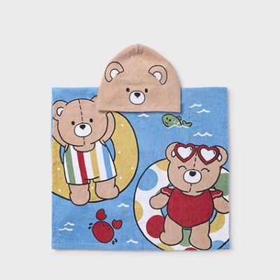 Conjunto infantil com touca de urso e toalha azul com ursos e animais marinhos