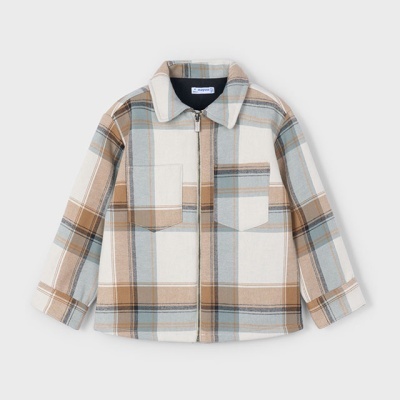 Casaco xadrez castanho, bege, azul e branco para criança com fecho de correr e bolsos no peito