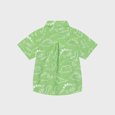 Camisa infantil verde com padrão branco de dinossauros, vista de costas