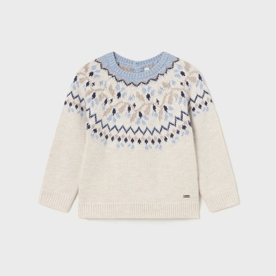 Camisola de malha infantil creme com padrão jacquard azul e bege