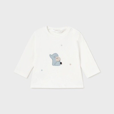 Camisola branca para bebé com elefante azul e ovelha aplicada