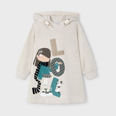 Vestido infantil bege com capuz e estampa colorida