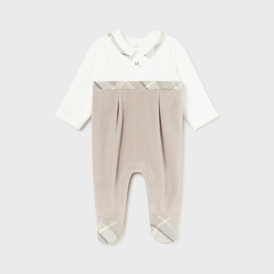 Macacão bebé branco e bege com padrão xadrez