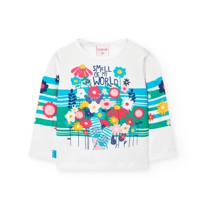 Camisola infantil branca manga comprida com flores coloridas e texto