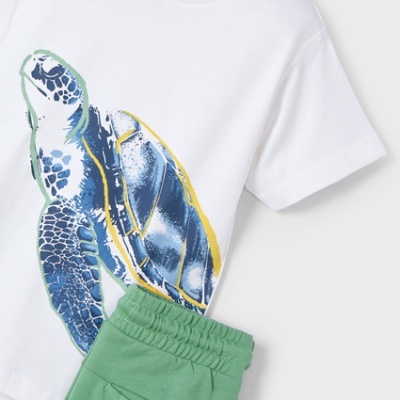 Conjunto infantil com t-shirt branca estampada e calças verdes