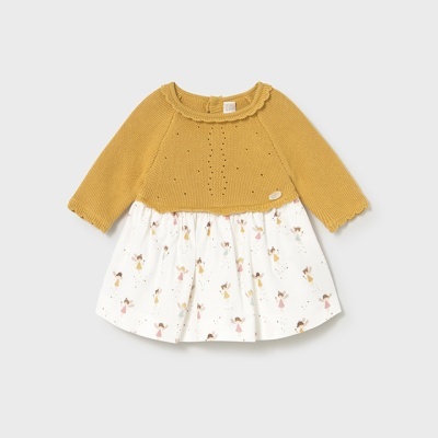 Vestido de bebé castanho e branco com padrão colorido