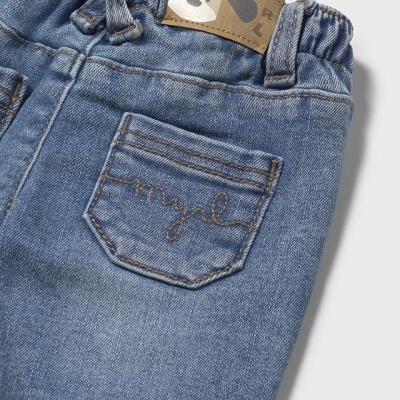 Calças de ganga para criança azul com bolso traseiro bordado e etiqueta com imagem de cão