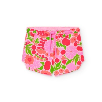 Calções de criança com padrão floral cor-de-rosa e vermelho e cintura elástica com cordão