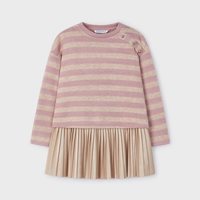 Vestido de criança com riscas cor-de-rosa e bege e saia plissada bege