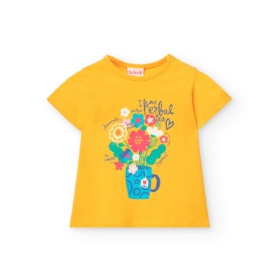 T-shirt infantil amarela com estampa de flores e texto