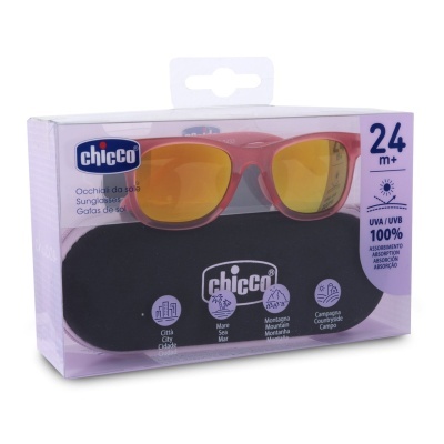 Óculos de sol Chicco para bebés com estojo preto na embalagem.