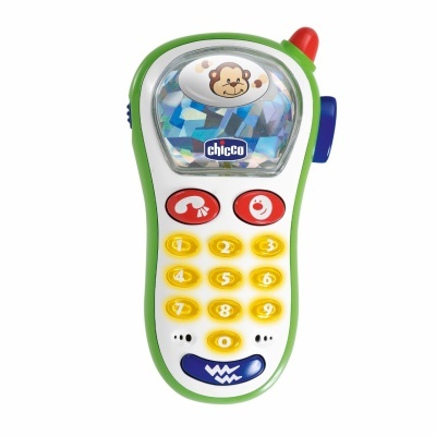 Brinquedo telemóvel colorido com macaco e texto chicco