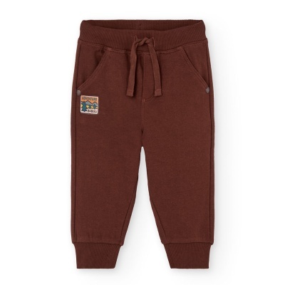 Calças castanhas de criança com cintura elástica e patch colorido