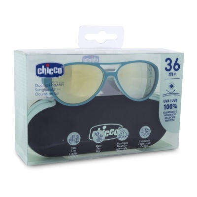 Óculos de sol Chicco azuis para bebés com lentes amarelas na embalagem