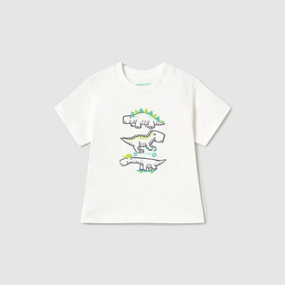 T-shirt infantil branca com estampado de dinossauros coloridos