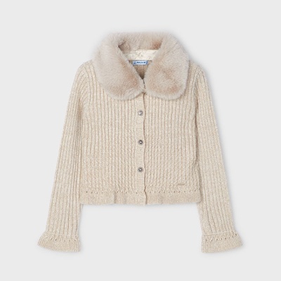 Casaco bege claro de malha com gola de pelo sintético