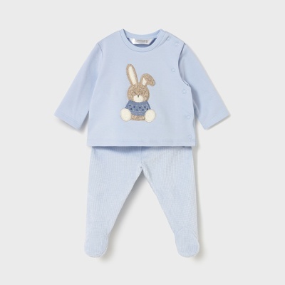 Conjunto de bebé azul claro com coelho aplicado na camisola